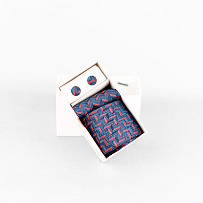 Lyxig Marinblå-Röd Geometrisk Slips & Manschettknappar – Presentbox (3-delar)