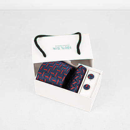 Lyxig Marinblå-Röd Geometrisk Slips & Manschettknappar – Presentbox (3-delar)