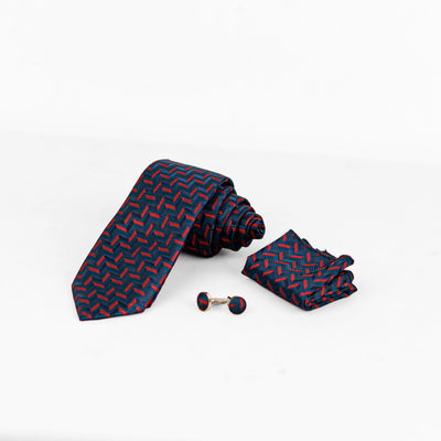 Lyxig Marinblå-Röd Geometrisk Slips & Manschettknappar – Presentbox (3-delar)
