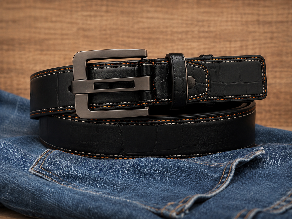 Levarel Freipons Glödsvart läderbälte tillsammans med blå jeans